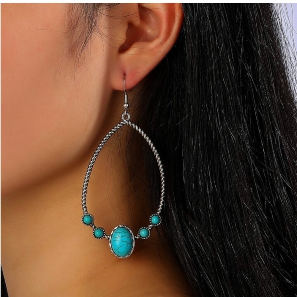 Turquoise Boho Festival Western Style Water Drop‎ Silver Hook Earrings, NWT
